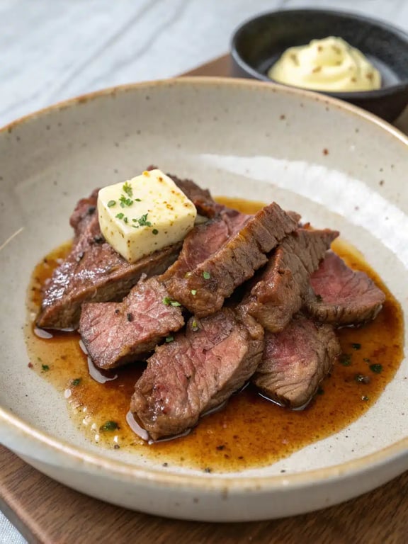 garlic butter beef plated with mashed potatoes and green beans