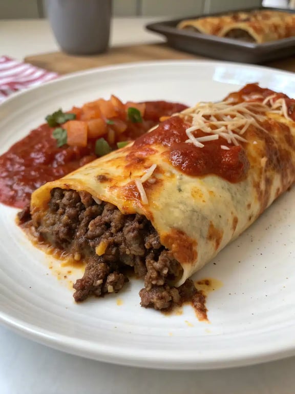 A beautifully plated serving of ground beef enchiladas with sides of rice and beans