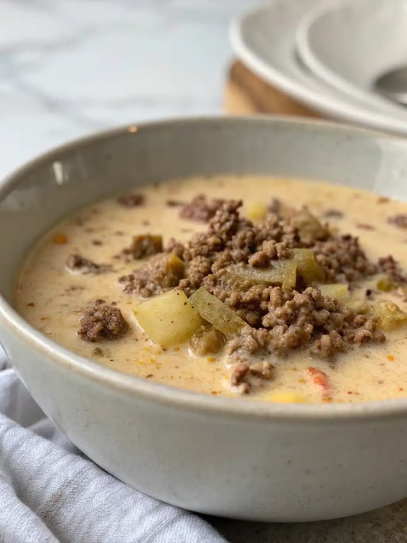 keto cheeseburger soup served in a bowl with tasty toppings