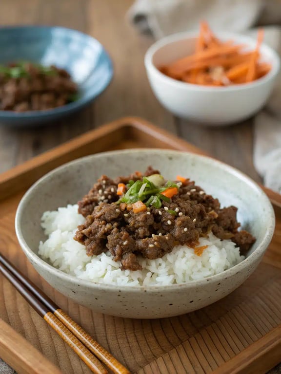 A beautifully plated Korean ground beef bowl with rice, garnishes, and side vegetables