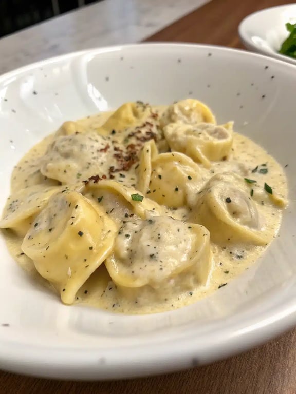 marry me tortellini beautifully plated with a side salad