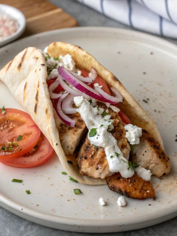 Mediterranean chicken gyros plated with fresh sides and sauces