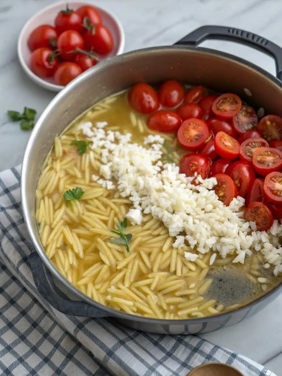 Final step for orzo dinner recipe — plated and ready in a serving bowl