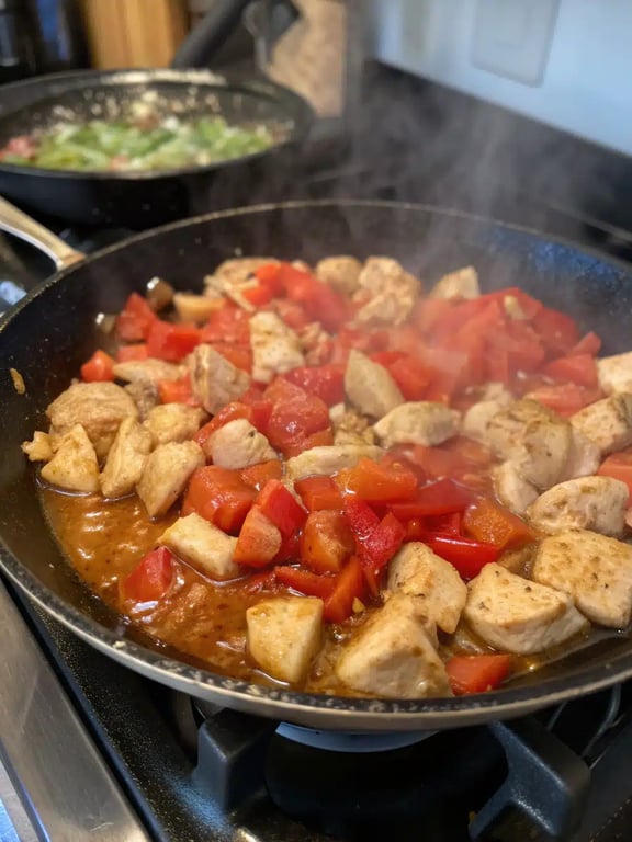 Final step for quick easy dinners — plated chicken and vegetable skillet served over rice