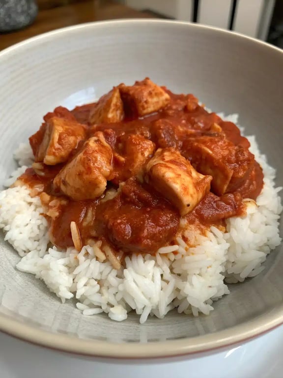 A beautifully plated quick easy dinners meal with chicken skillet over rice and a side salad