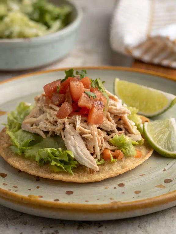 A platter of rotisserie chicken tostadas served with lime wedges and fresh sides