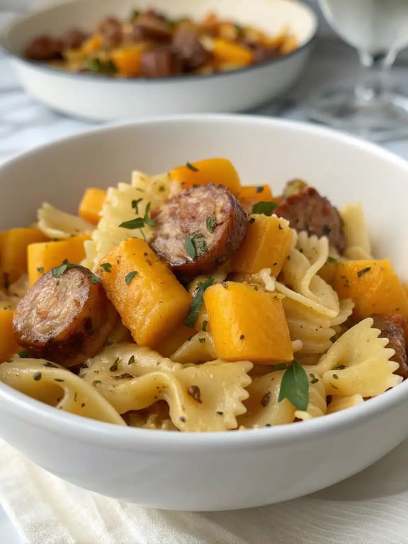 sausage pasta squash plated with a side salad and crusty bread