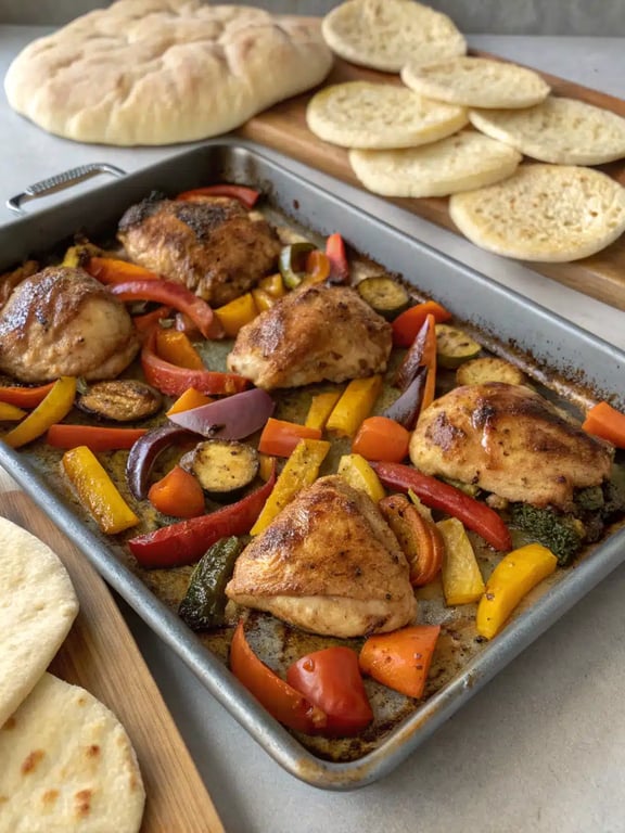 Final step for sheet pan chicken pitas — plated and ready