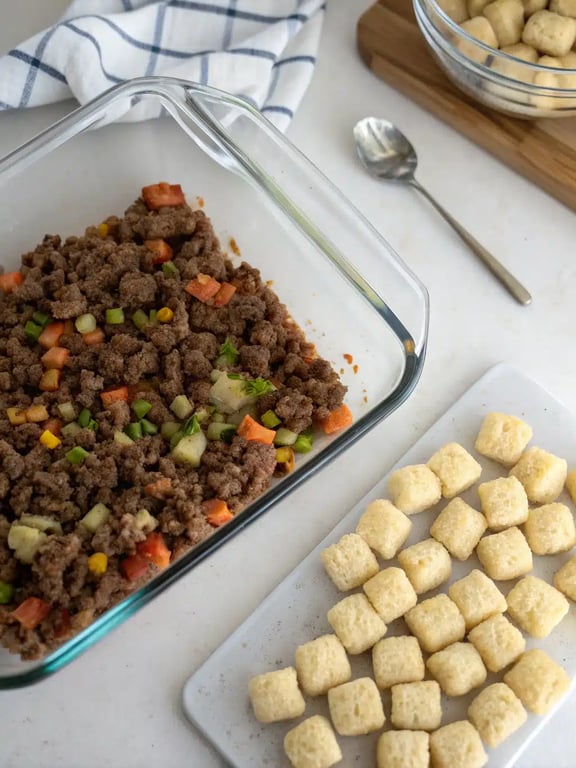 Final step for tater tot casserole — plated and ready