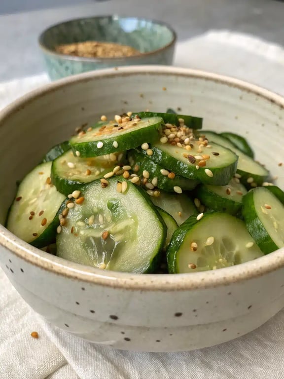 Asian cucumber salad beautifully plated with grilled meats