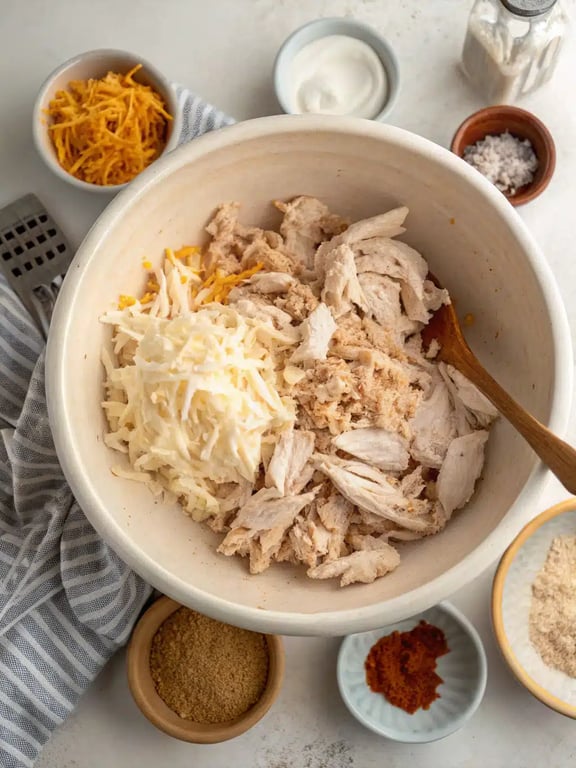 Mixing the creamy chicken and cheese filling for baked chicken taquitos in a large bowl.