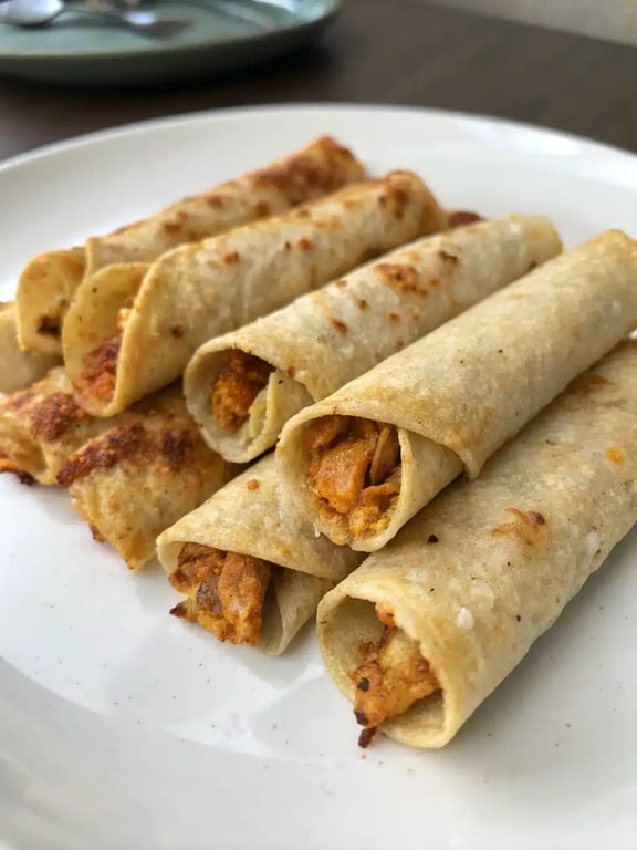 A festive platter of baked chicken taquitos surrounded by bowls of salsa, guacamole, and sour cream for dipping.