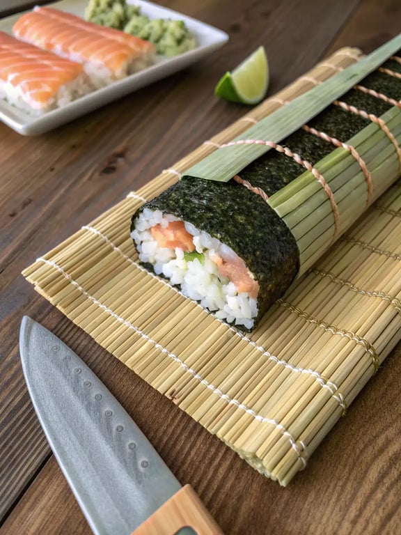 Final baked salmon sushi roll sliced and garnished with sesame seeds