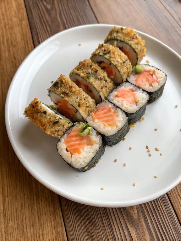 A beautifully plated baked salmon sushi roll with garnishes and dipping sauce