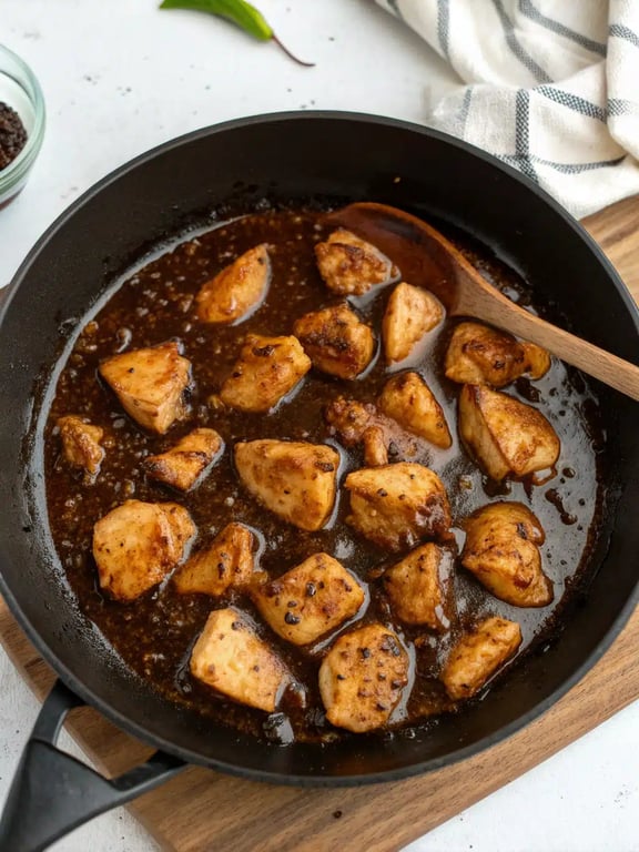 Final step for black pepper chicken — plated and ready