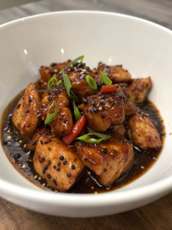 black pepper chicken beautifully plated with steamed rice and green onions