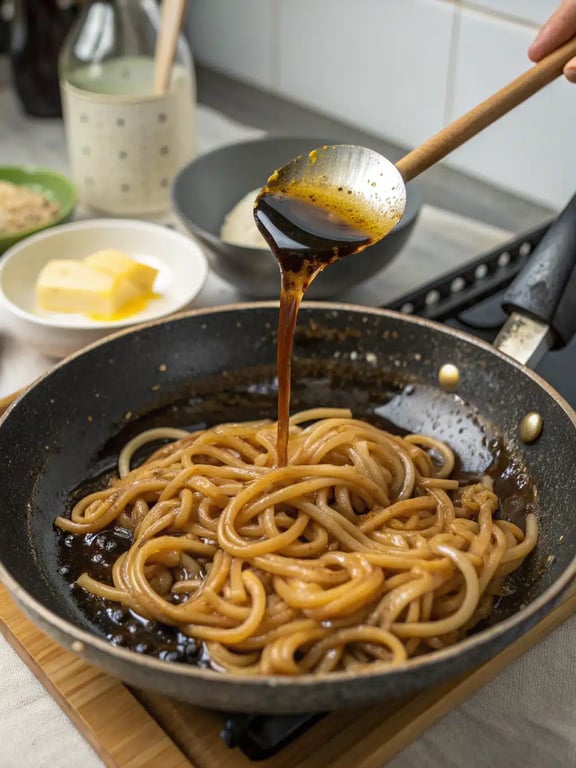 Final step for black pepper udon — plated and ready