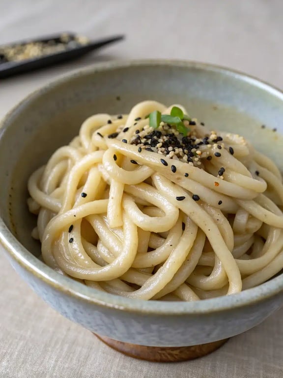 black pepper udon plated in a bowl with chopsticks and a side salad