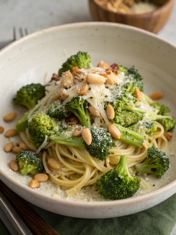 broccoli pasta recipe beautifully plated with serving suggestions