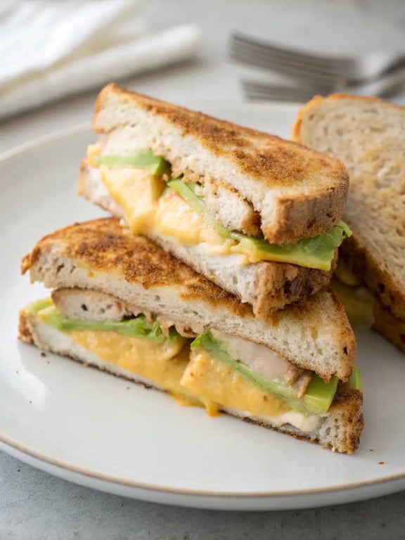 chicken avocado melt plated with a fresh side salad
