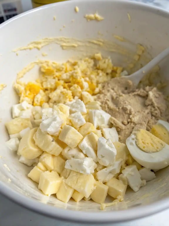 Step 4 for cottage cheese egg salad — texture check