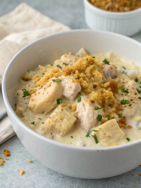 creamy chicken casserole plated with a fresh green salad on the side