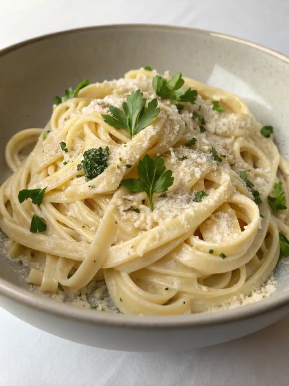 creamy garlic pasta beautifully plated with a side salad and bread