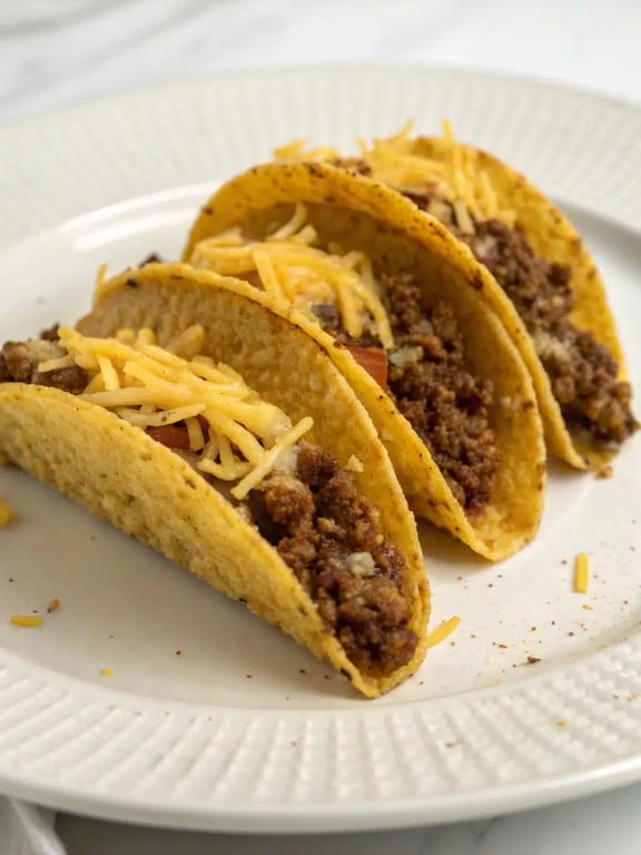 crispy baked tacos plated with rice, beans, and fresh toppings
