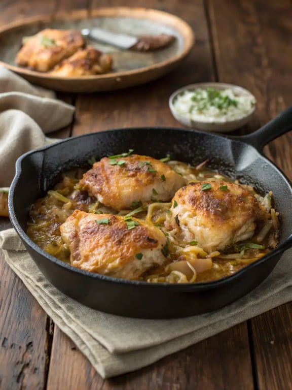 French onion chicken served in a skillet with mashed potatoes and green beans