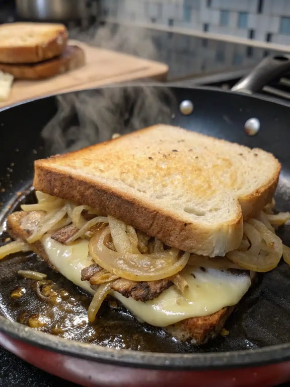 Final step for French onion grilled cheese — plated and ready