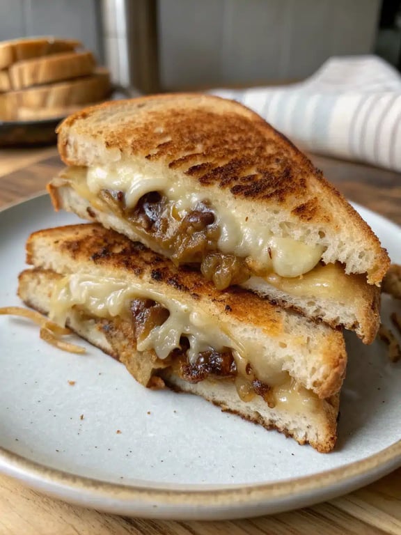 French onion grilled cheese plated with a side salad and pickles