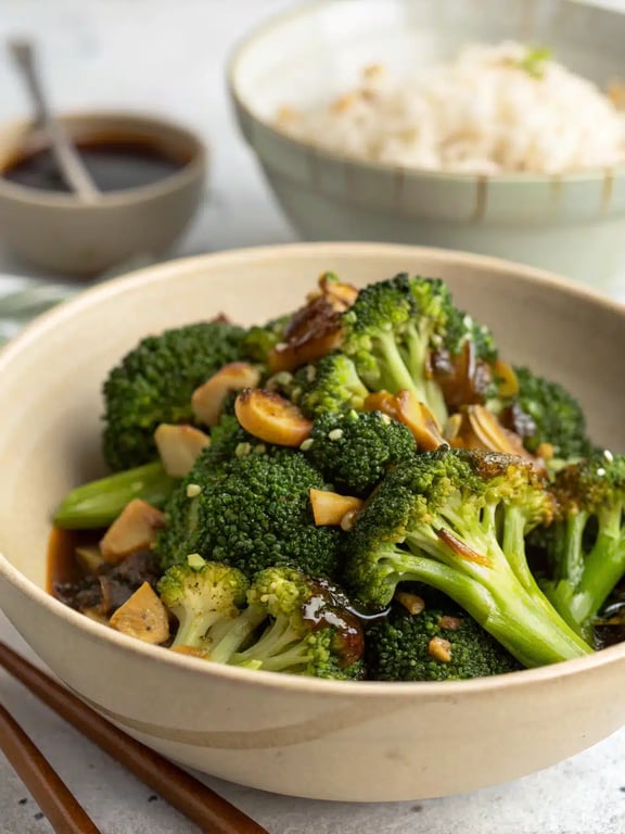 garlic broccoli stir fry served with steamed rice and grilled chicken