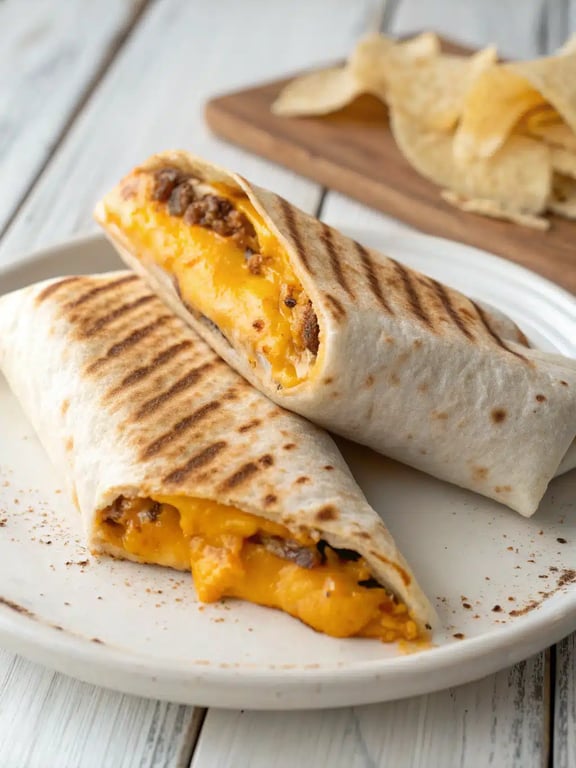 A beautifully plated grilled cheese burrito with dipping sauce and fresh salad on the side