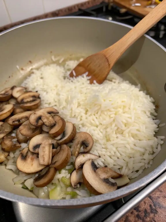 Step 4 for one pot mushroom rice — texture check
