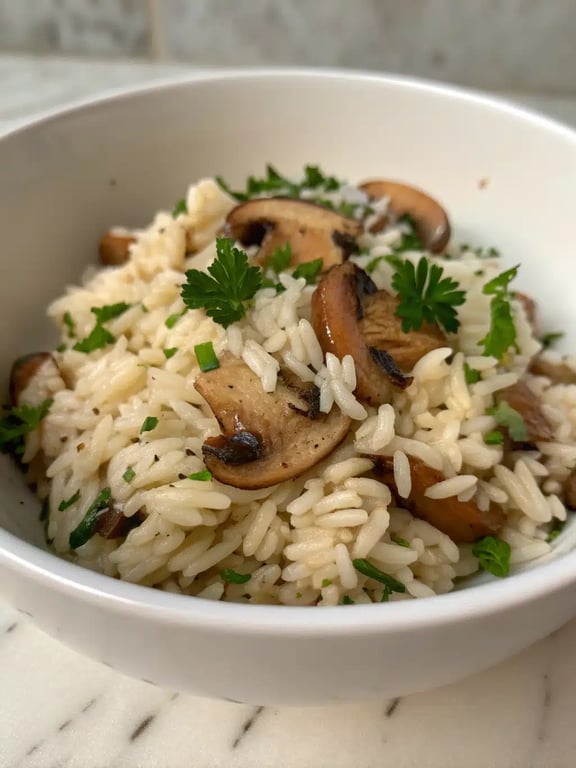 one pot mushroom rice served as a main dish with a side salad