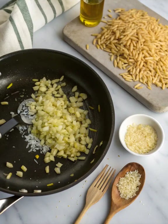Step 2 for orzo dinner recipe — process in progress