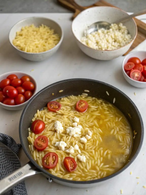 Step 4 for orzo dinner recipe — texture check