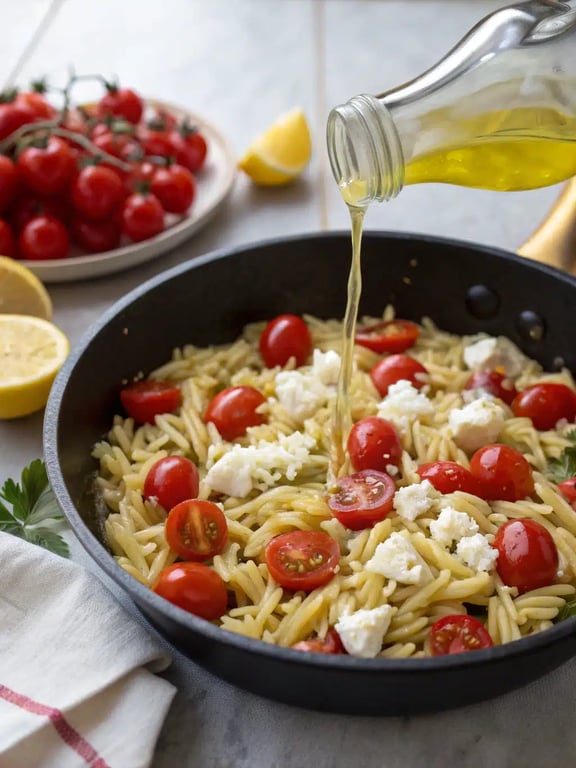 Final step for orzo dinner recipe — plated and ready