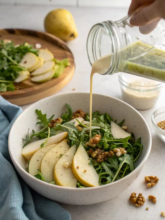 Final step for pear arugula salad — beautifully plated and ready to eat