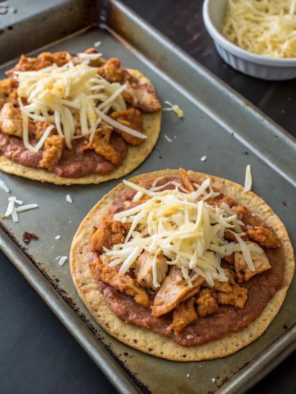 rotisserie chicken tostadas — final step Final step for rotisserie chicken tostadas — plated and ready