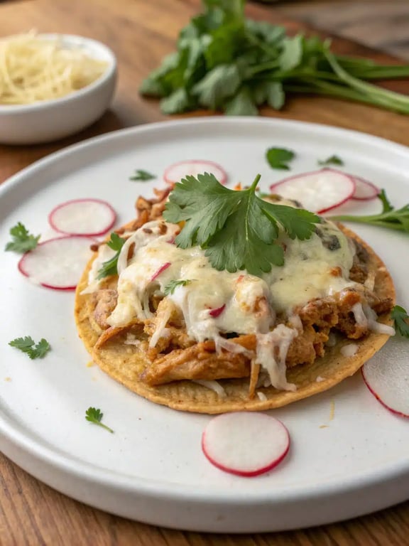 rotisserie chicken tostadas serving platter A platter of assembled rotisserie chicken tostadas with colorful toppings
