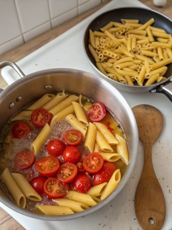 Step 2 for spinach tomato pasta — process in progress