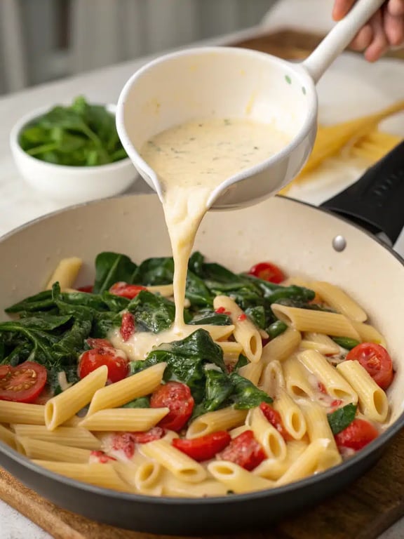 Step 4 for spinach tomato pasta — texture check