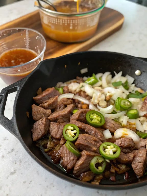 Step 4 for steak queso rice — texture check
