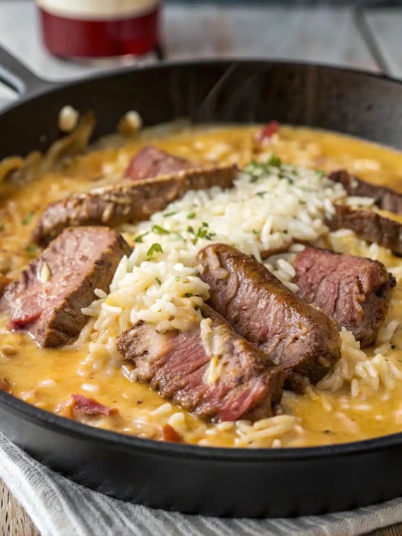 Final step for steak queso rice — plated and ready