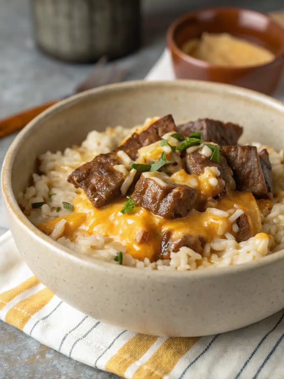 steak queso rice served in a bowl with lime and cilantro garnish