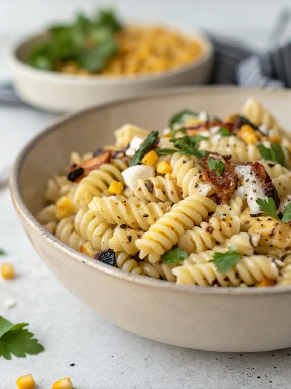 street corn pasta salad served at a backyard barbecue with grilled meats