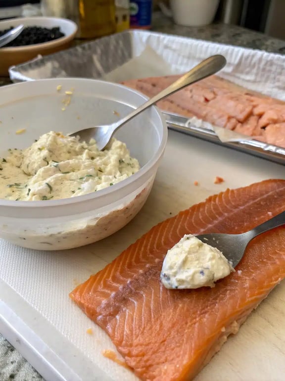 Step 4 for stuffed salmon recipe — texture check