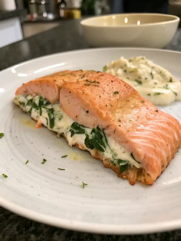 stuffed salmon recipe plated elegantly with lemon wedges and green salad