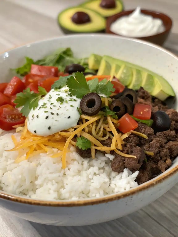 A family-style taco rice bowl setup with all toppings arranged for easy serving